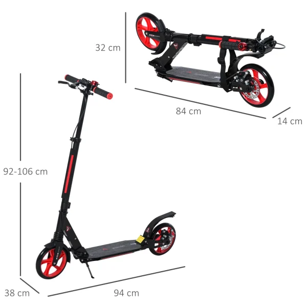 qualité supérieure Meilleure affaire ⭐ Homcom Trottinette Pliable Adulte Béquille Frein Disque Arrière Hauteur Guidon Réglable 3 Niv. Alu. Abs Rouge Noir 🥰 4