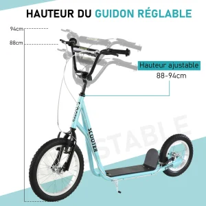 Vente flash 🧨 Homcom Trottinette Patinette Freestyle Grandes Roues Pneumatiques Ø 40 Et 30 Cm Hauteur Guidon Réglable Frein Av/ar Béquille Acier Bleu Ciel Noir 🎁 fashion pas cher 16