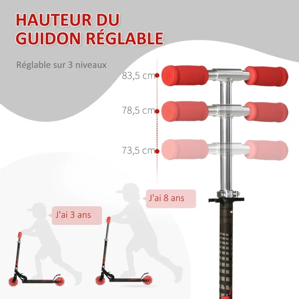 Nouveau ✨ Homcom Trottinette Pliable Enfant À Partir De 3 Ans Roues Lumineuses Led Frein À Friction Arrière Hauteur Guidon Réglable 3 Niv. Alu. Métal Noir Rouge 🎁 qualité d’originales 6