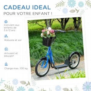 magasin solde Les meilleures critiques de ⌛ Homcom Trottinette Patinette Enfant Grandes Roues Pneumatiques Guidon Réglable Frein Av-ar Garde-boue Béquille Panier Métal Bleu Noir 😀 18