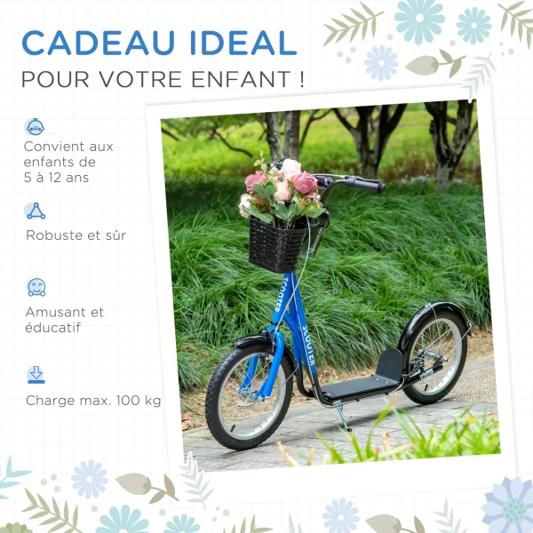 magasin solde Les meilleures critiques de ⌛ Homcom Trottinette Patinette Enfant Grandes Roues Pneumatiques Guidon Réglable Frein Av-ar Garde-boue Béquille Panier Métal Bleu Noir 😀 7