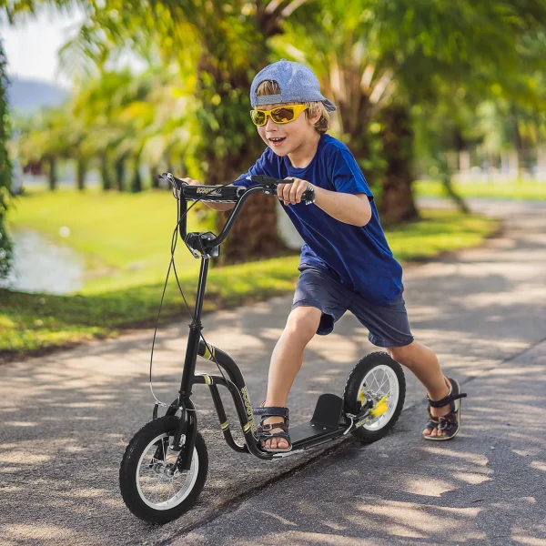 Authentic Original licence Remise ✨ Homcom Trottinette Patinette Pour Enfants Plus De 5 Ans Grands Pneus Guidon Réglable 2 Freins Contrôlés Par Poignée Béquille Latérale 120 X 58 X 85-95 Cm Noir ✨ 3