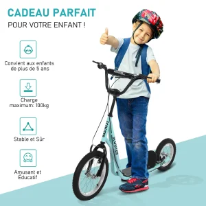 Vente flash 🧨 Homcom Trottinette Patinette Freestyle Grandes Roues Pneumatiques Ø 40 Et 30 Cm Hauteur Guidon Réglable Frein Av/ar Béquille Acier Bleu Ciel Noir 🎁 fashion pas cher 14